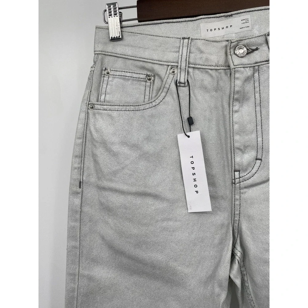 NWT Metallic silver‎ sparkly denim Top-shop straight jeans Size 28x32
